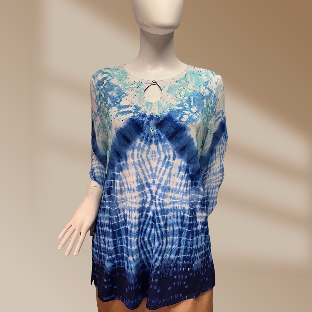 JM Collection Ladies Sz M Blue Tie Dye Print Rhinestone Studded Flowy Arm Blouse